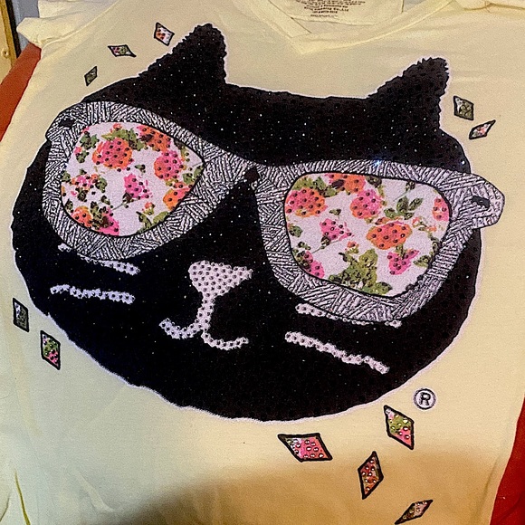 LALACUB Tops - Pebbly Me & Yo cats LALACUB free size sunglasses kitty v neck tee with sequins
